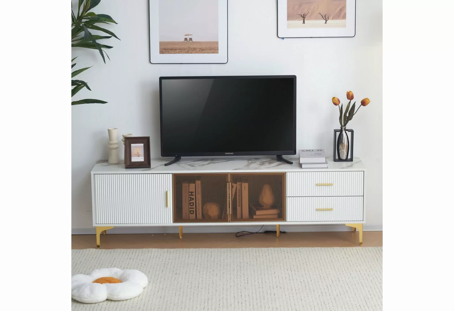 BlingBin TV-Schrank Lowboard (Eleganter TV-Schrank in Weißgold-Marmor-Optik günstig online kaufen