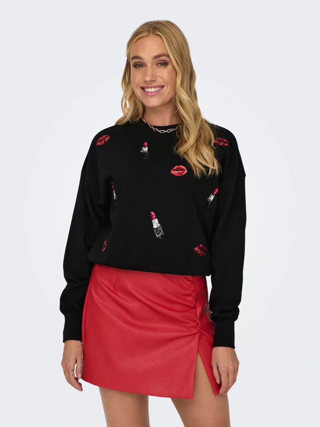 ONLY Sweater "ONLKINJA L/S LIPSTICK O-NECK BOX SWT" günstig online kaufen