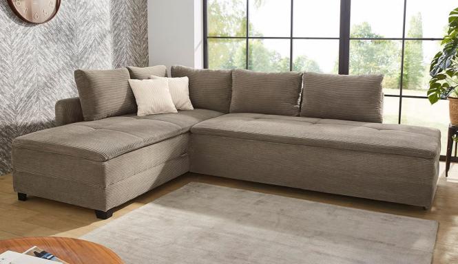 Ecksofa Cord mit Schlaffunktion und Bettkasten 306x223 cm Braun beidseitig günstig online kaufen