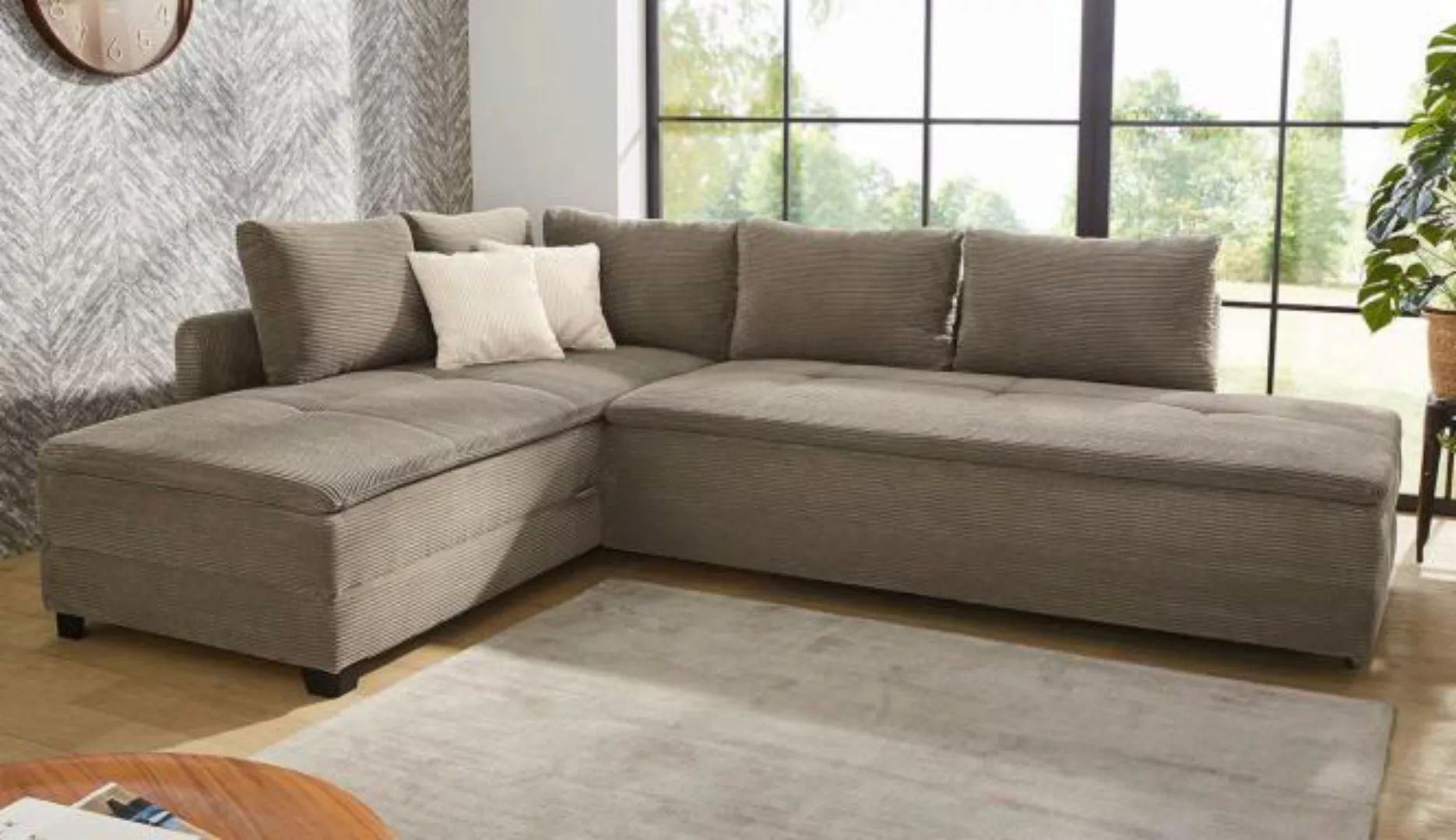 Ecksofa Cord mit Schlaffunktion und Bettkasten 306x223 cm Braun beidseitig günstig online kaufen