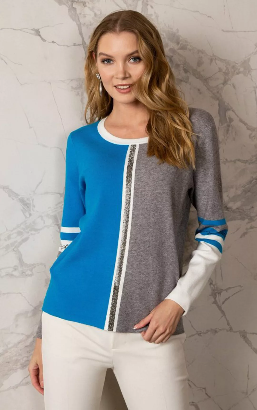 Passioni Strickpullover in grau-blauen Colorblock mit Strassstreifen günstig online kaufen