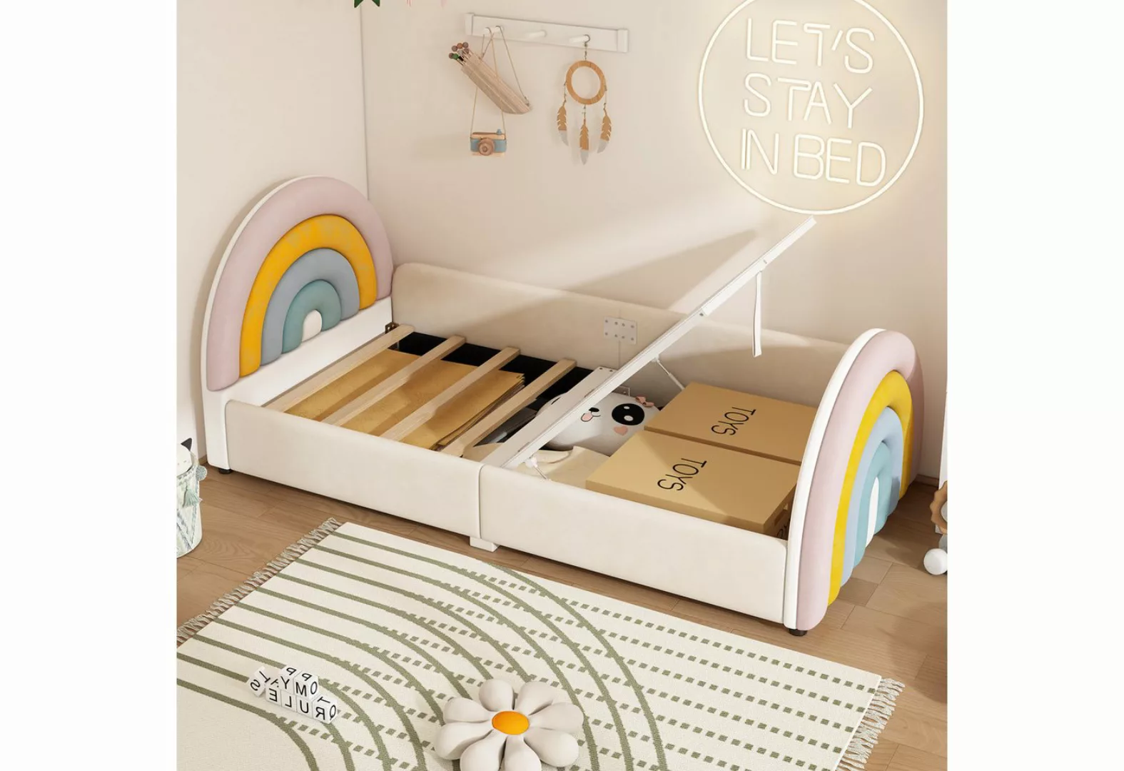 WISHDOR Kinderbett Polsterbett Stauraumbett (Lattenrost hochklappbar, große günstig online kaufen