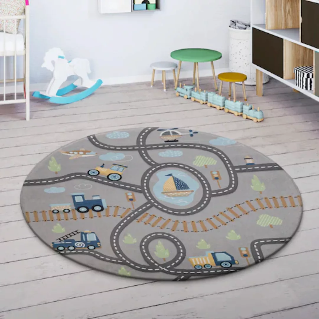 Paco Home Kinderteppich »Chicos 562«, rund, 4 mm Höhe, Flachgewebe, Straßen günstig online kaufen