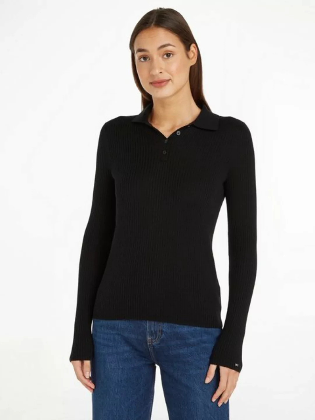 Tommy Hilfiger Polokragenpullover FINE RIBS POLO SWEATER mit kurzer Knopfle günstig online kaufen