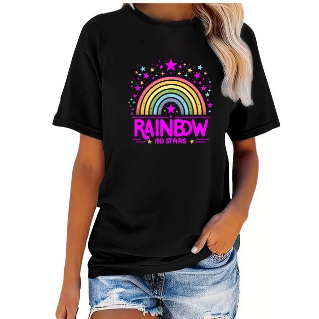 Banco T-Shirt Damen Kurzarm Rainbow Print Unifarben hochwertiger Print günstig online kaufen