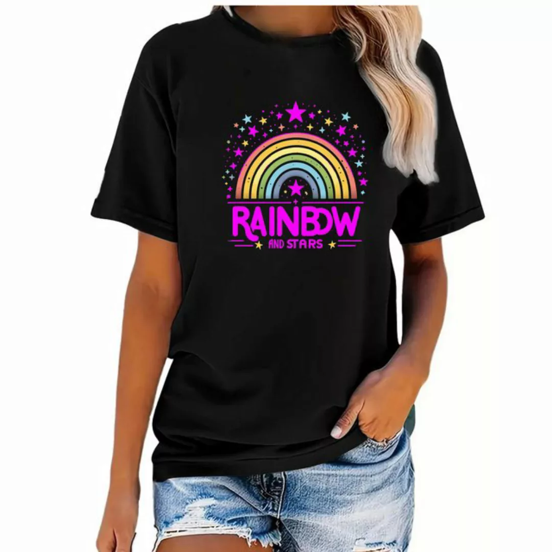 Banco T-Shirt Damen Kurzarm Rainbow Print Unifarben hochwertiger Print günstig online kaufen