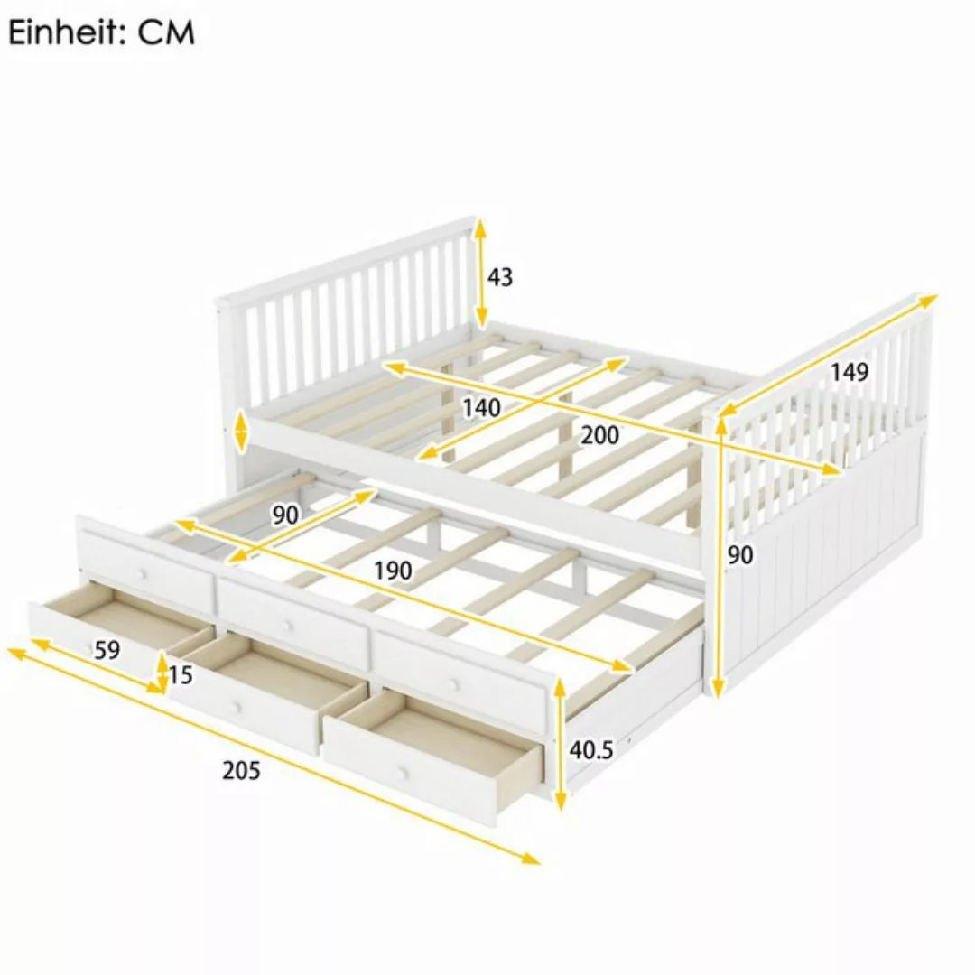 Flieks Massivholzbett, Doppelbett Kinderbett 140x200cm mit Schubladen, Ausz günstig online kaufen