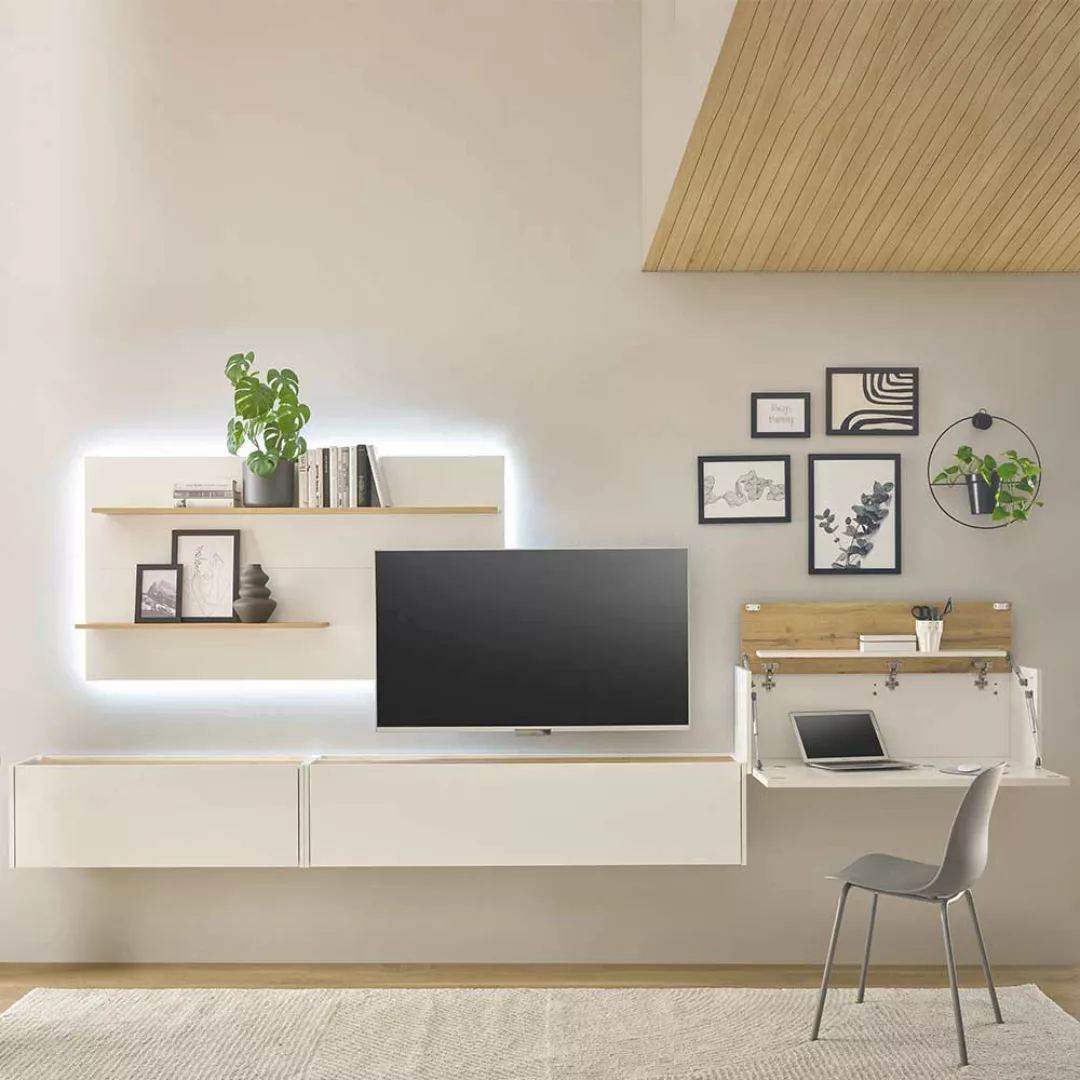 TV Wohnwand mit Sekretär in Weiß Wildeichefarben (vierteilig) günstig online kaufen