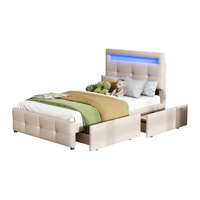 KoDise Polsterbett 90x200cm Einzelbett Beige mit LED, 2 Schubladen, Leinenp günstig online kaufen