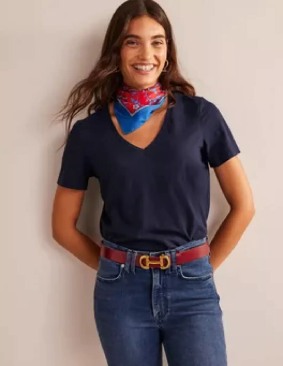 Flammgarn-T-Shirt mit V-Ausschnitt und normaler Passform Damen Boden, Marin günstig online kaufen