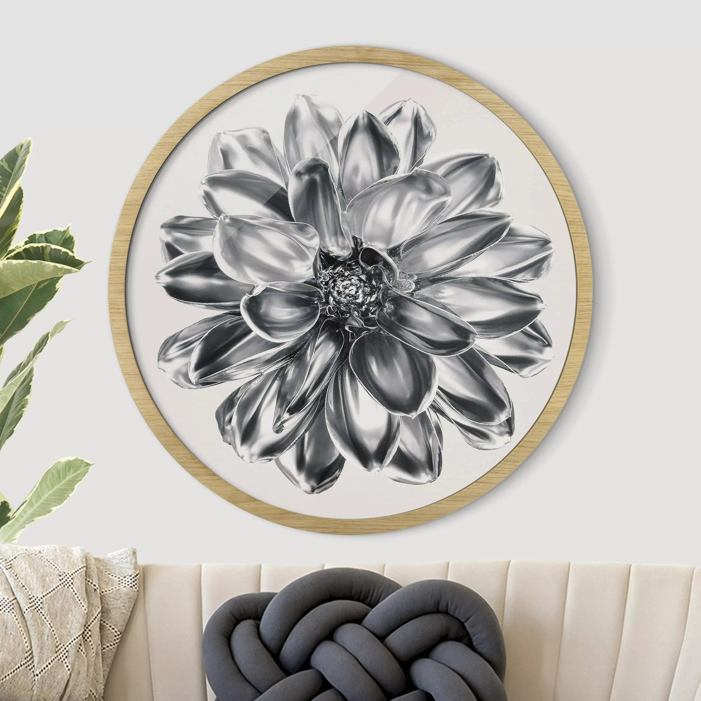 Rundes Gerahmtes Bild Dahlie Blume Silber Metallic günstig online kaufen