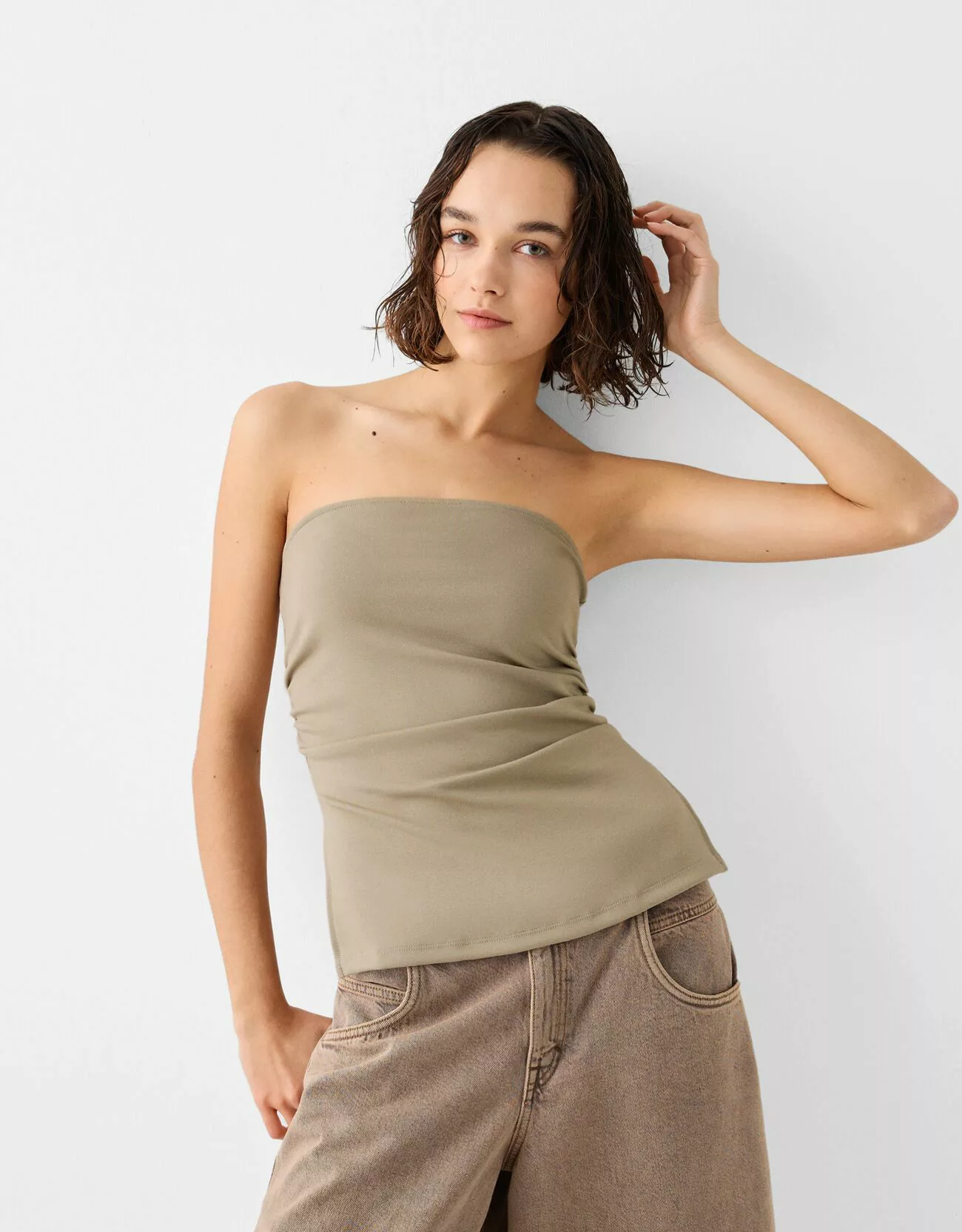 Bershka Bandeau-Top Aus Punto-Di-Roma Mit Raffung Damen S Sandfarbe günstig online kaufen