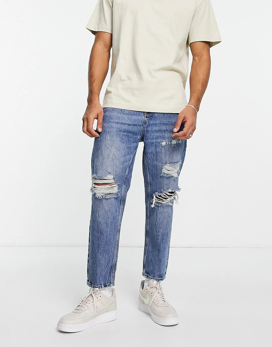 Pull&Bear – Locker geschnittene Jeans in Mittelblau günstig online kaufen