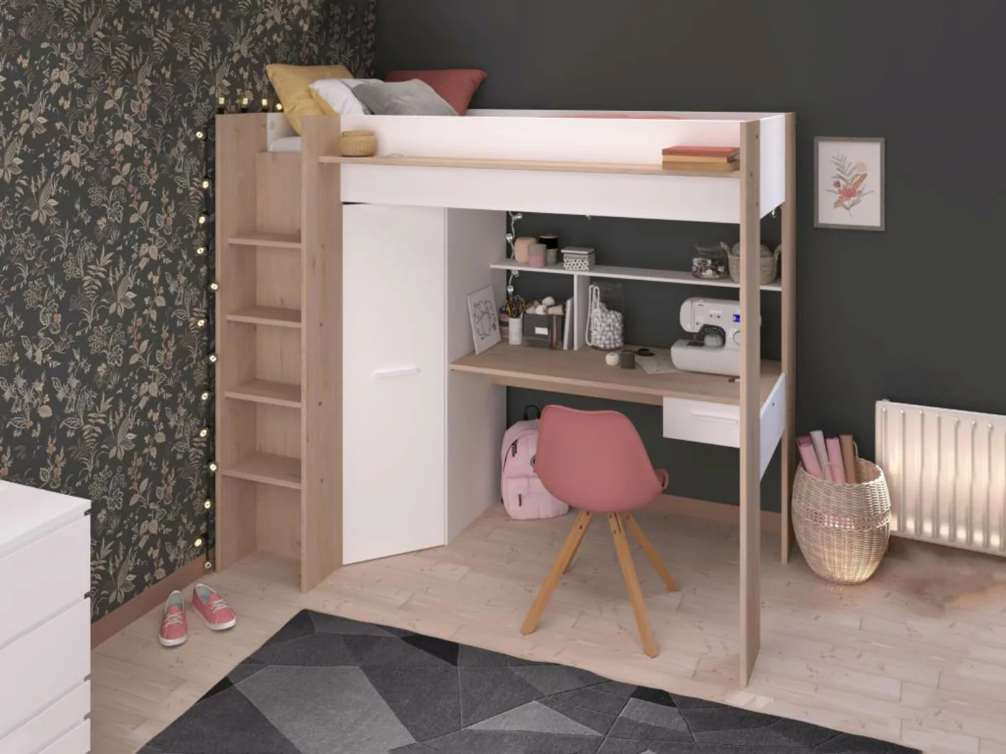 Hochbett mit Schreibtisch & Kleiderschrank - 90 x 200 cm - Weiß & Naturfarb günstig online kaufen