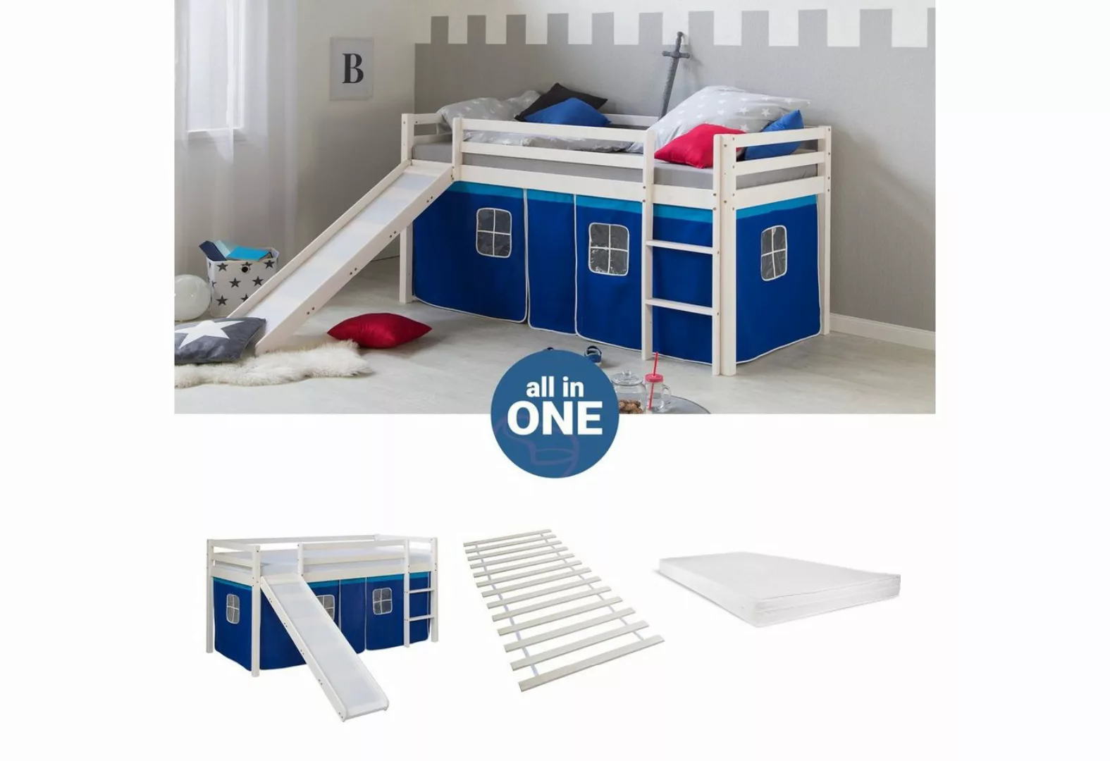 Homestyle4u Hochbett 90x200 mit Vorhang Stockbett Kinderbett Holz Weiß Blau günstig online kaufen