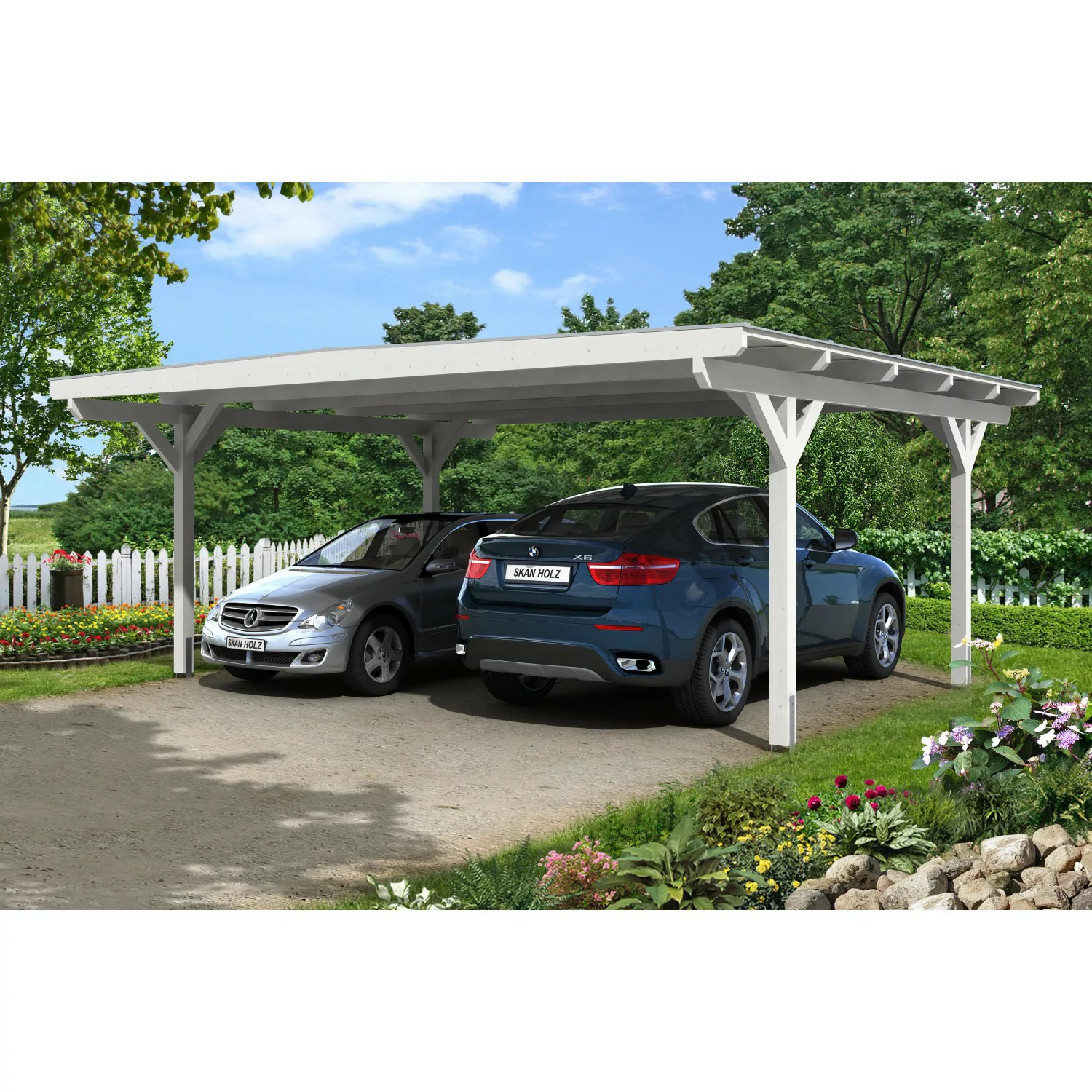 Skan Holz Carport Odenwald 640 cm x 541 cm gerade Kopfbänder Weiß günstig online kaufen