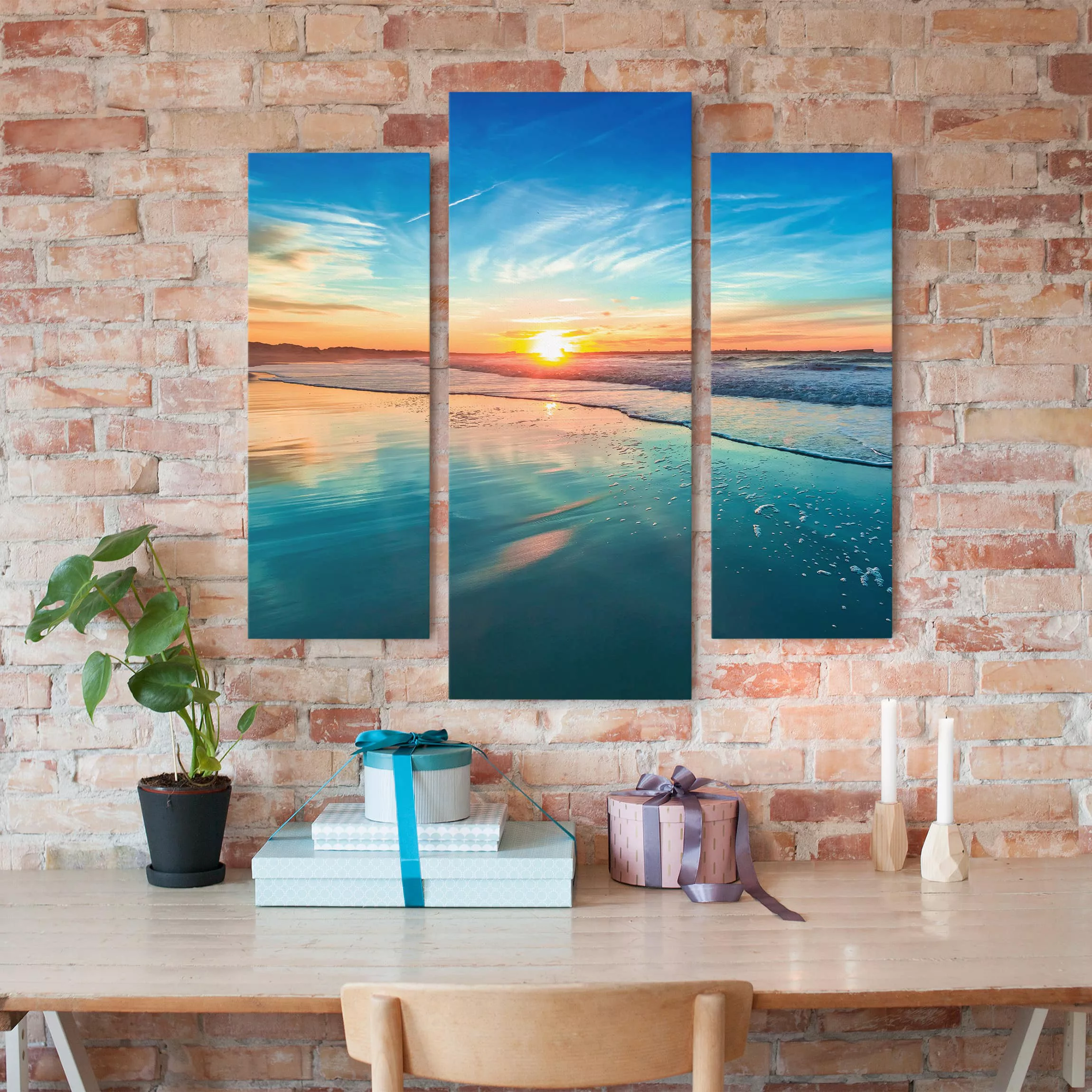 3-teiliges Leinwandbild Strand - Querformat Romantischer Sonnenuntergang am günstig online kaufen