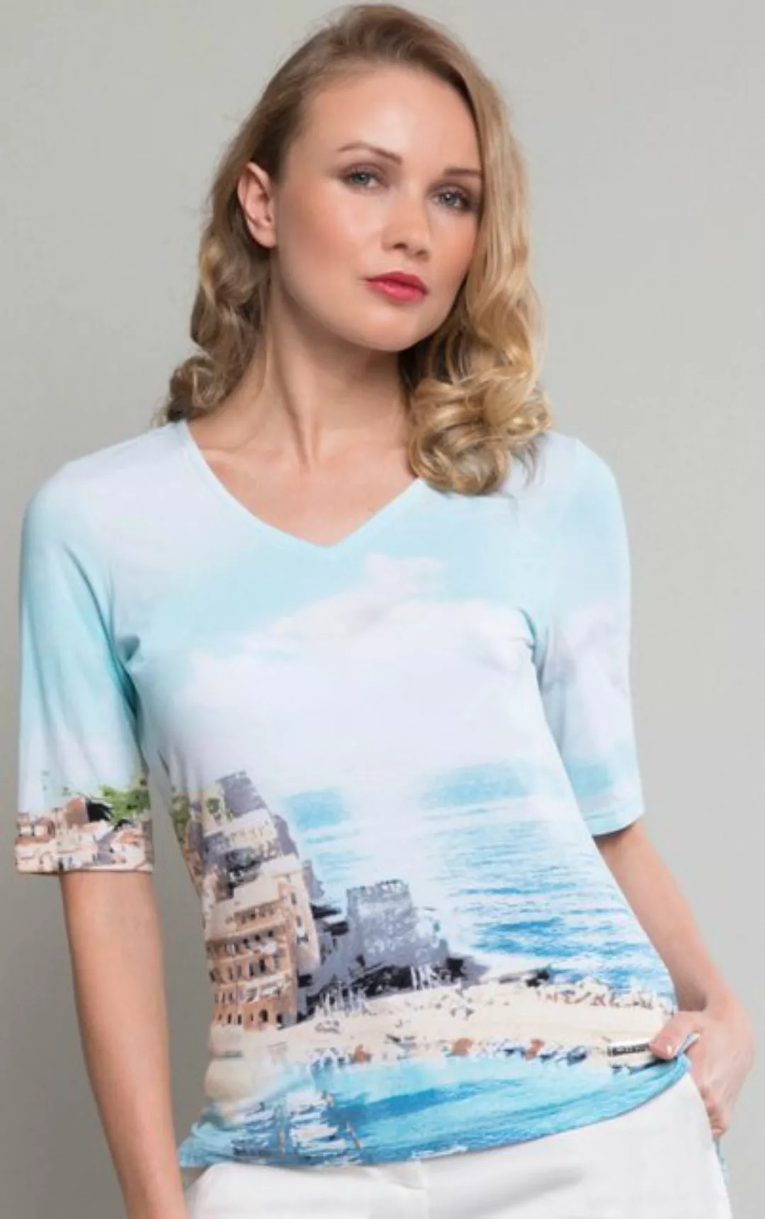 Passioni 3/4-Arm-Shirt Türkisfarbenes T-Shirt mit Strand-Aquarellmuster günstig online kaufen