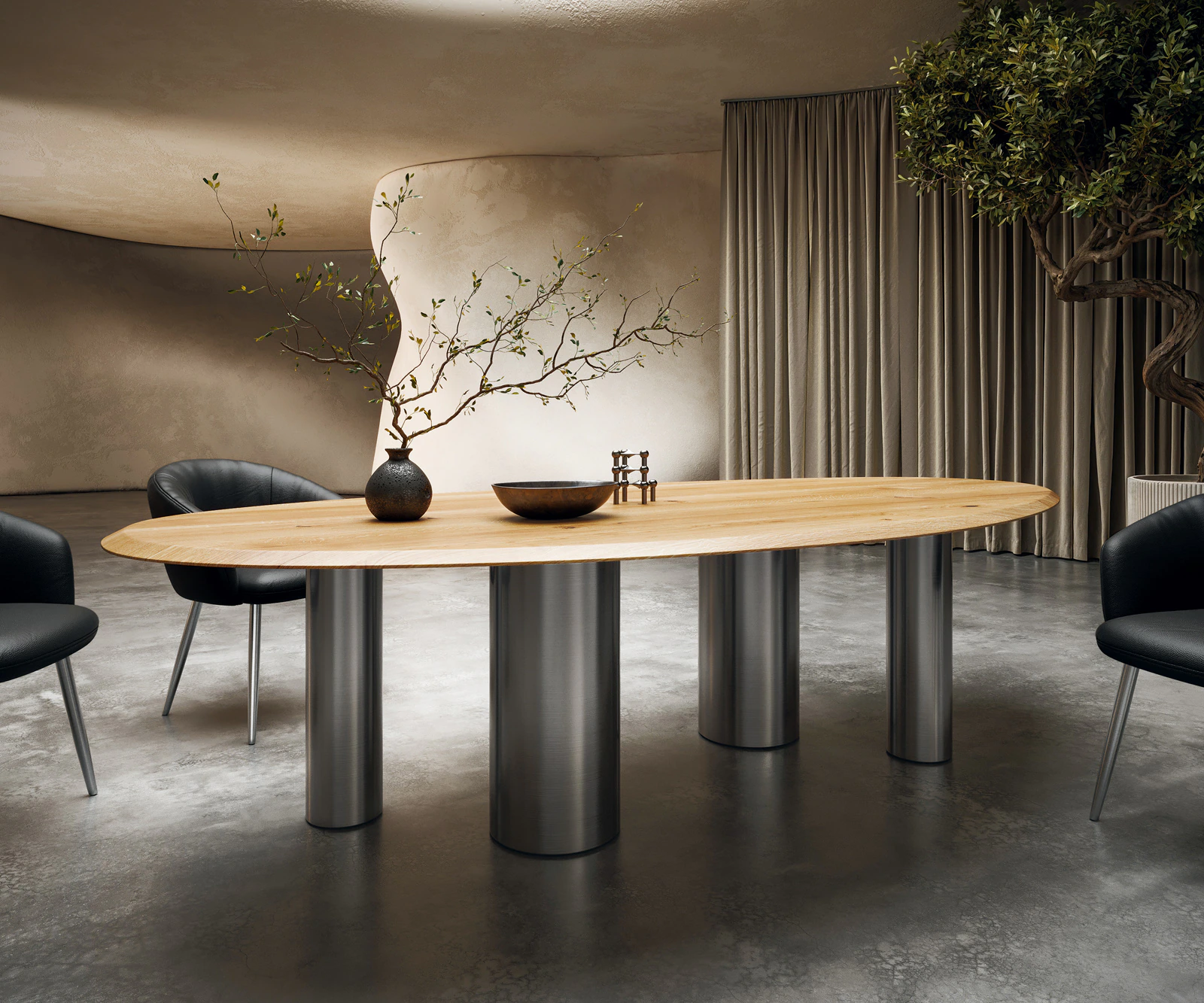 Esstisch Edge Oval 280x130x2,5 Eiche Natur Pilier Edelstahl gebürstet Flow- günstig online kaufen