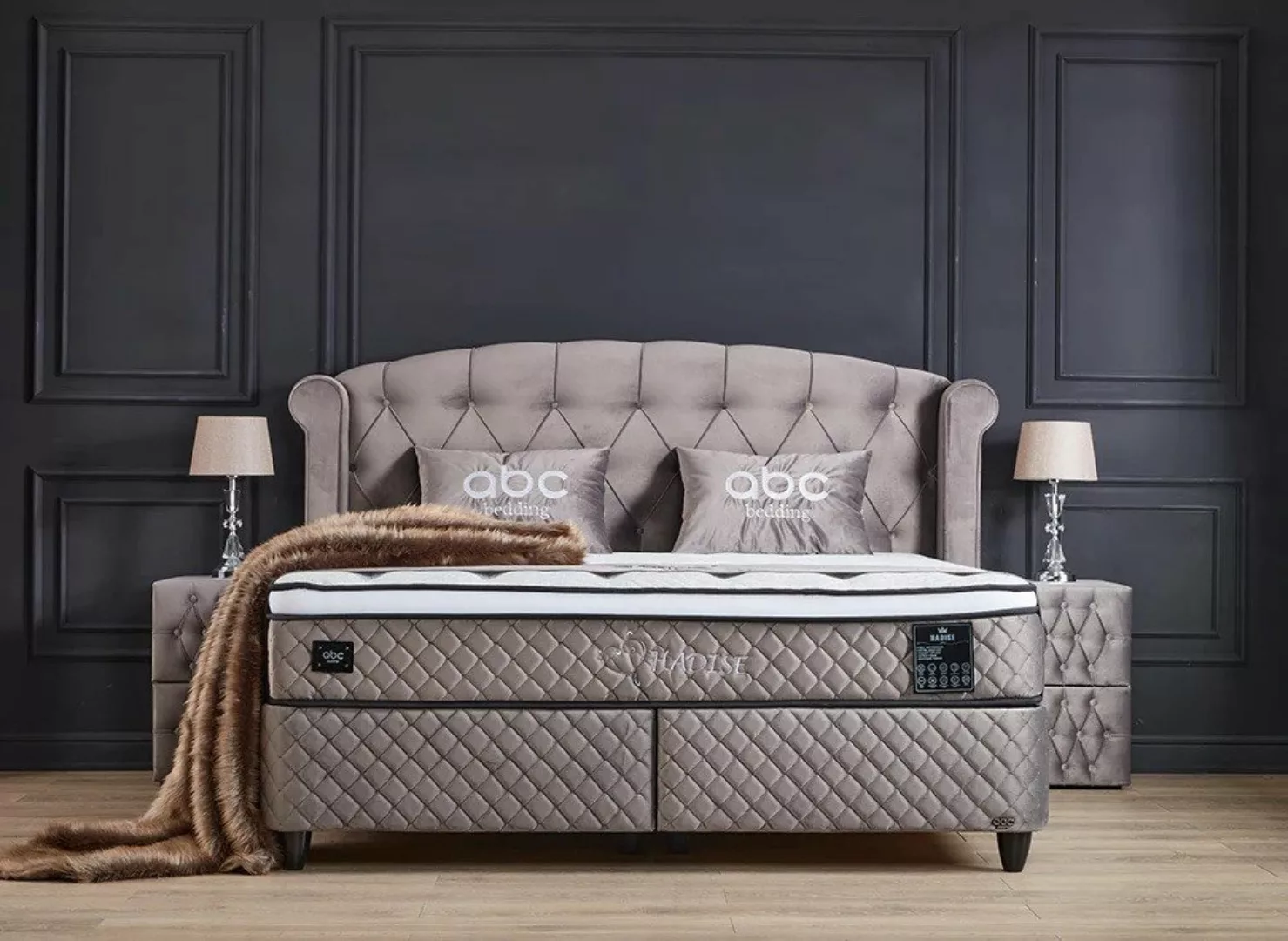 abc bedding Boxspringbett HADISE Grau Taupe Samt Voll-orthopädisch mit Bett günstig online kaufen