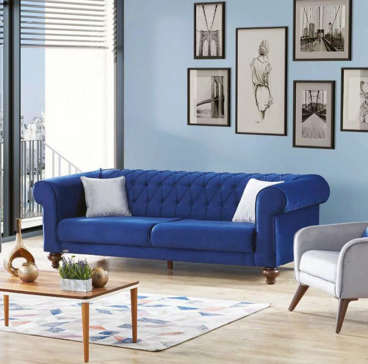 JVmoebel Sofa Blauer Dreisitzer 3 Sitzer Stoff Couch Textil Stil Sofas Couc günstig online kaufen