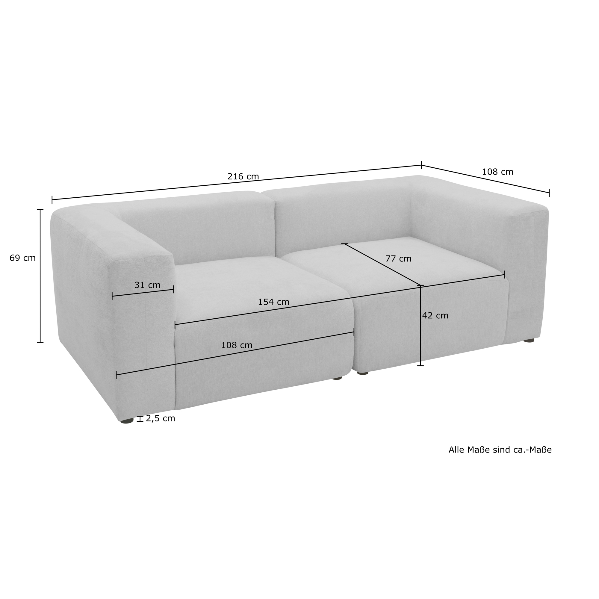Sofa 800013, 2-Sitzer, rechteckig, gepolsterte Rückenlehne, 2er Couch, 216 günstig online kaufen