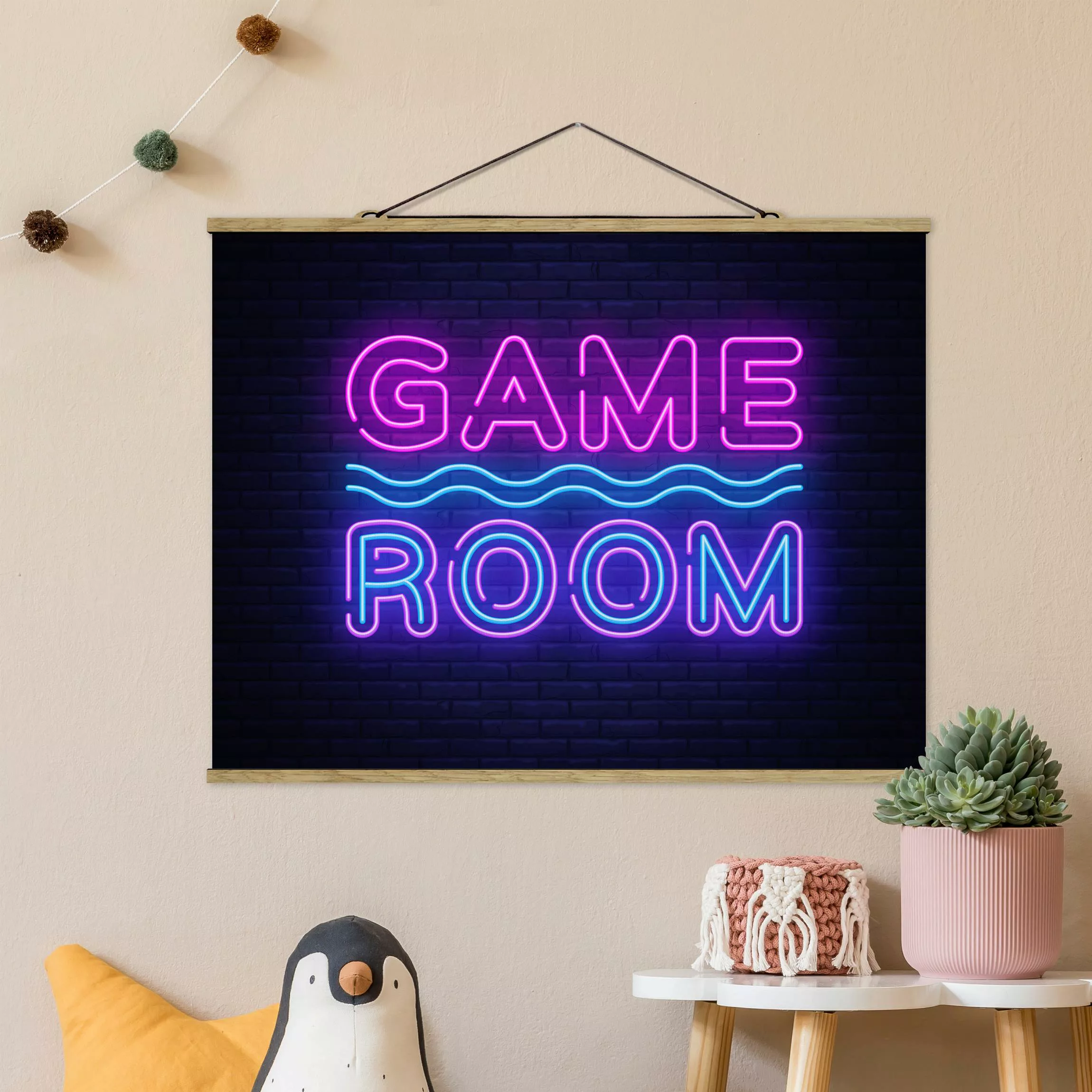 Stoffbild mit Posterleisten Neon Schrift Game Room günstig online kaufen