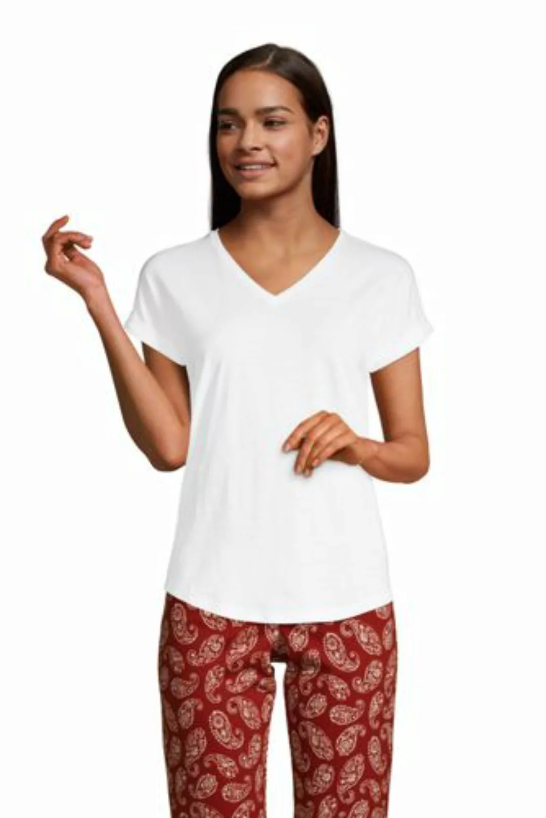 Shirt mit V-Ausschnitt aus Baumwolle/Modal, Damen, Größe: S Normal, Weiß, b günstig online kaufen