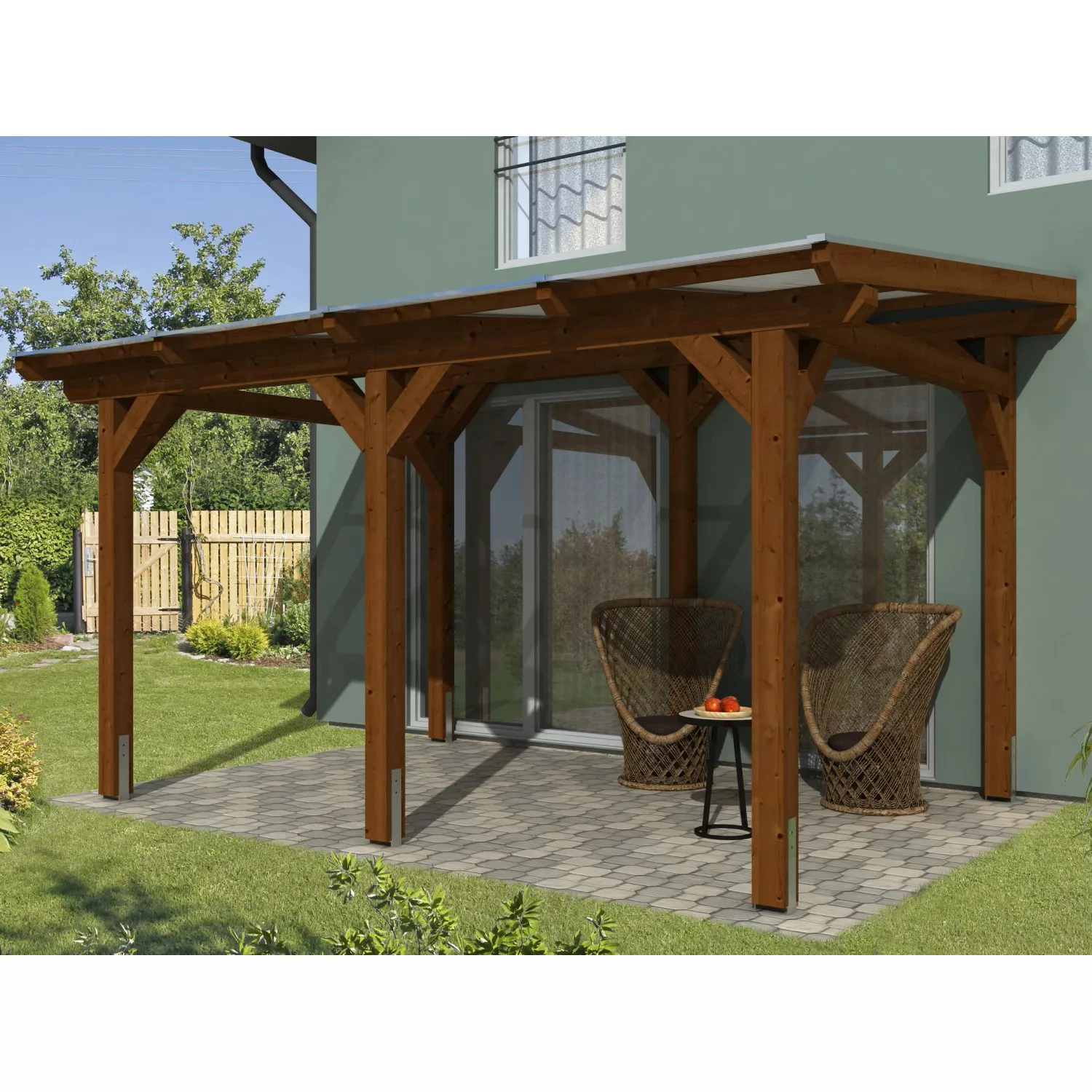 Skan Holz Terrassenüberdachung Siena 434 x 250 cm Leimholz Nussbaum günstig online kaufen