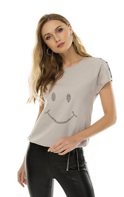 Passioni T-Shirt mit dezentem Strass-Smiley-Muster, Ärmeldetails und Kordel günstig online kaufen