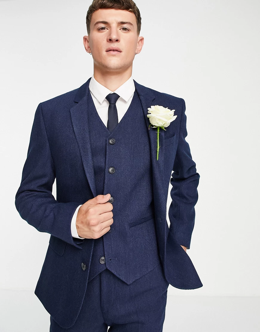 ASOS DESIGN Wedding – Enge Anzugjacke aus Wollmischung in Marine mit Fischg günstig online kaufen