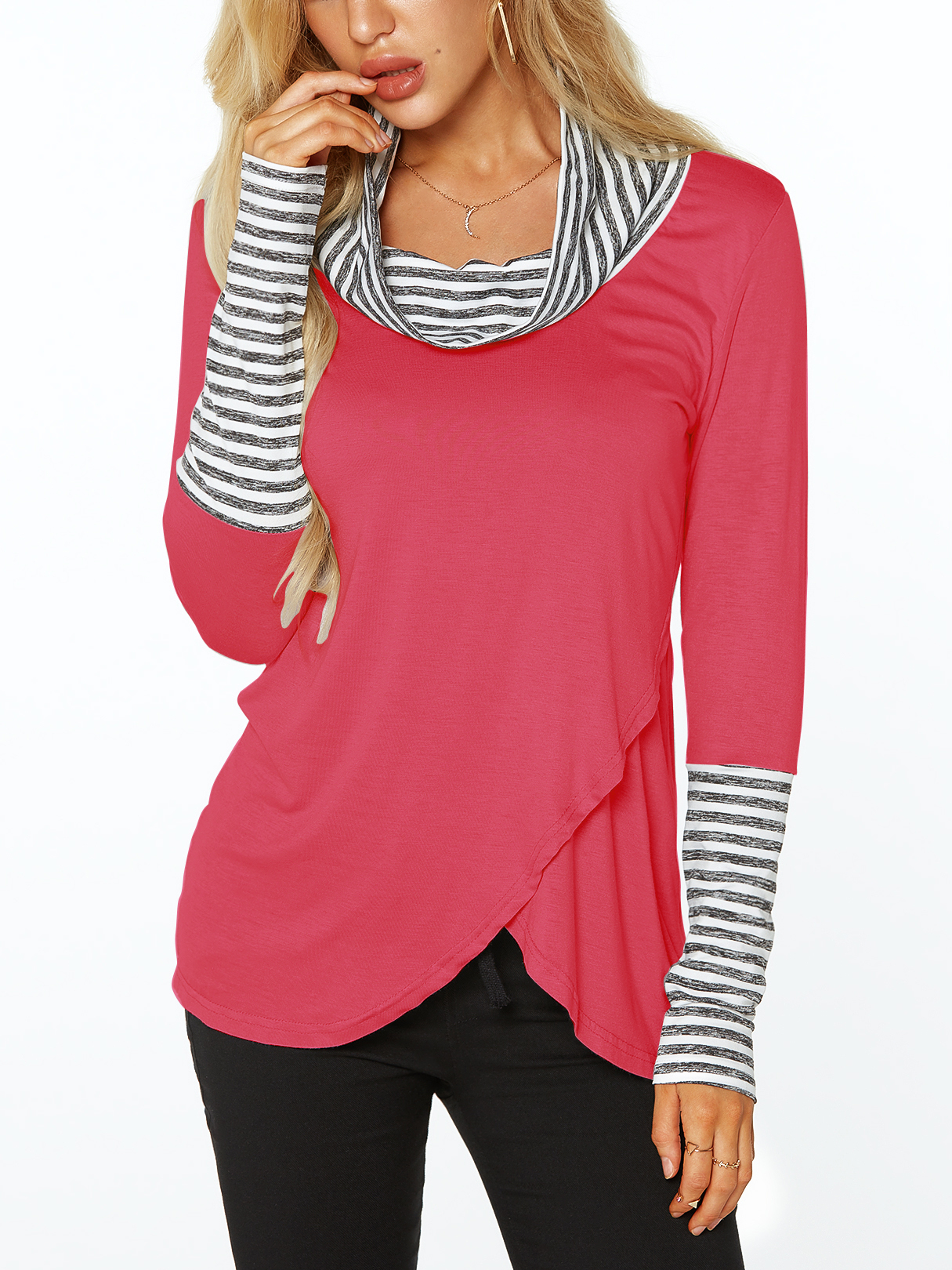 Rose Roll Neck Stripe Details Overlay Front T-Shirts günstig online kaufen