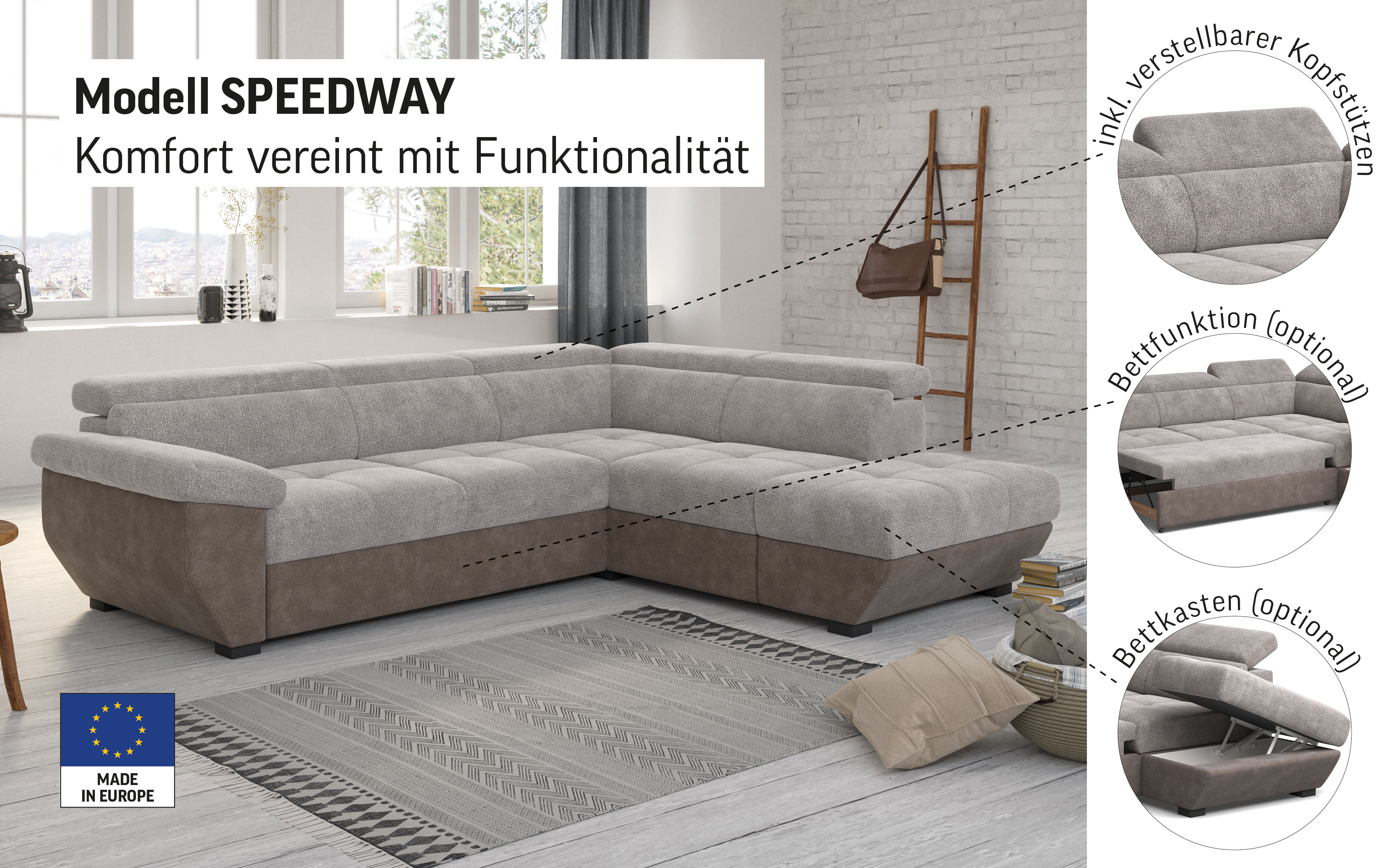 COTTA Ecksofa »Speedway L-Form«, mit Kopfteilverstellung, wahlweise mit Bet günstig online kaufen