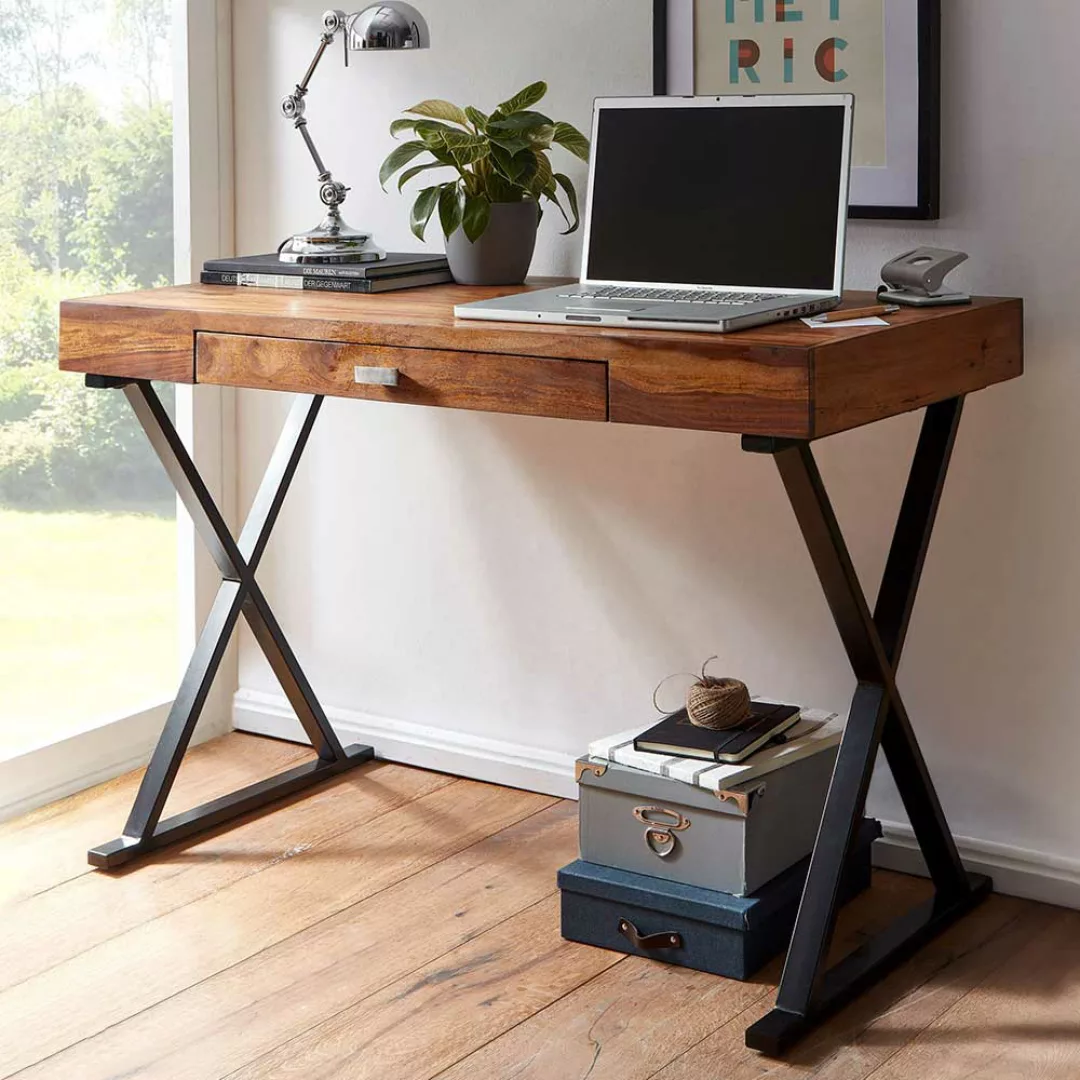 Design Schreibtisch aus Sheesham Massivholz und Stahl 120 cm breit günstig online kaufen