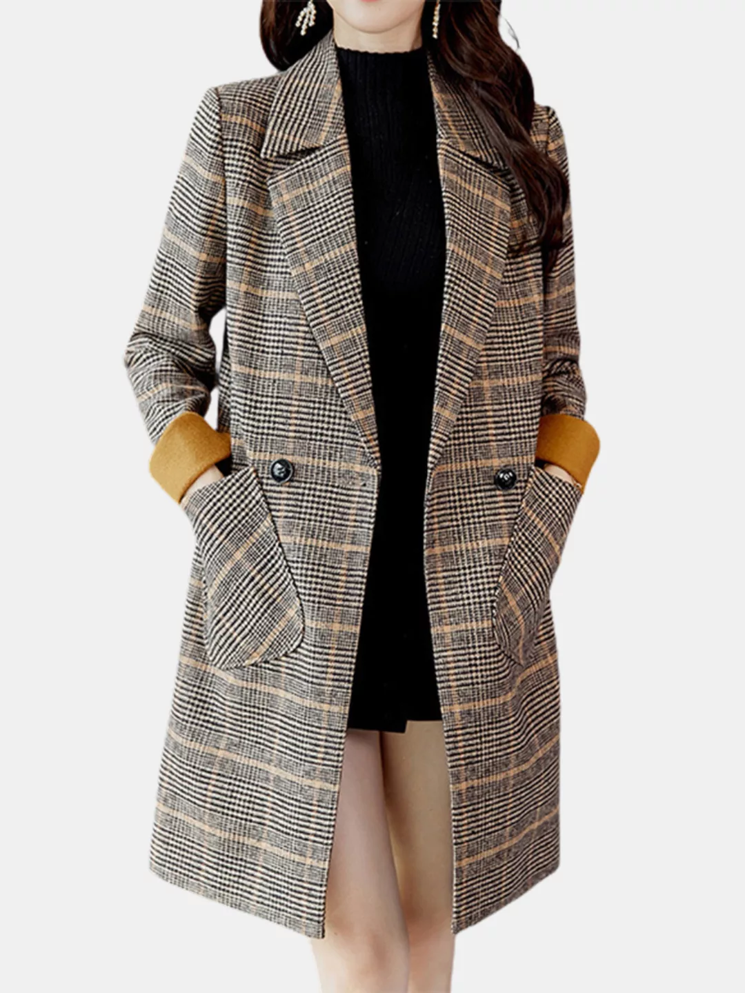 Taschen Plaid Print Revers Langarm Casual Jacke für Damen günstig online kaufen