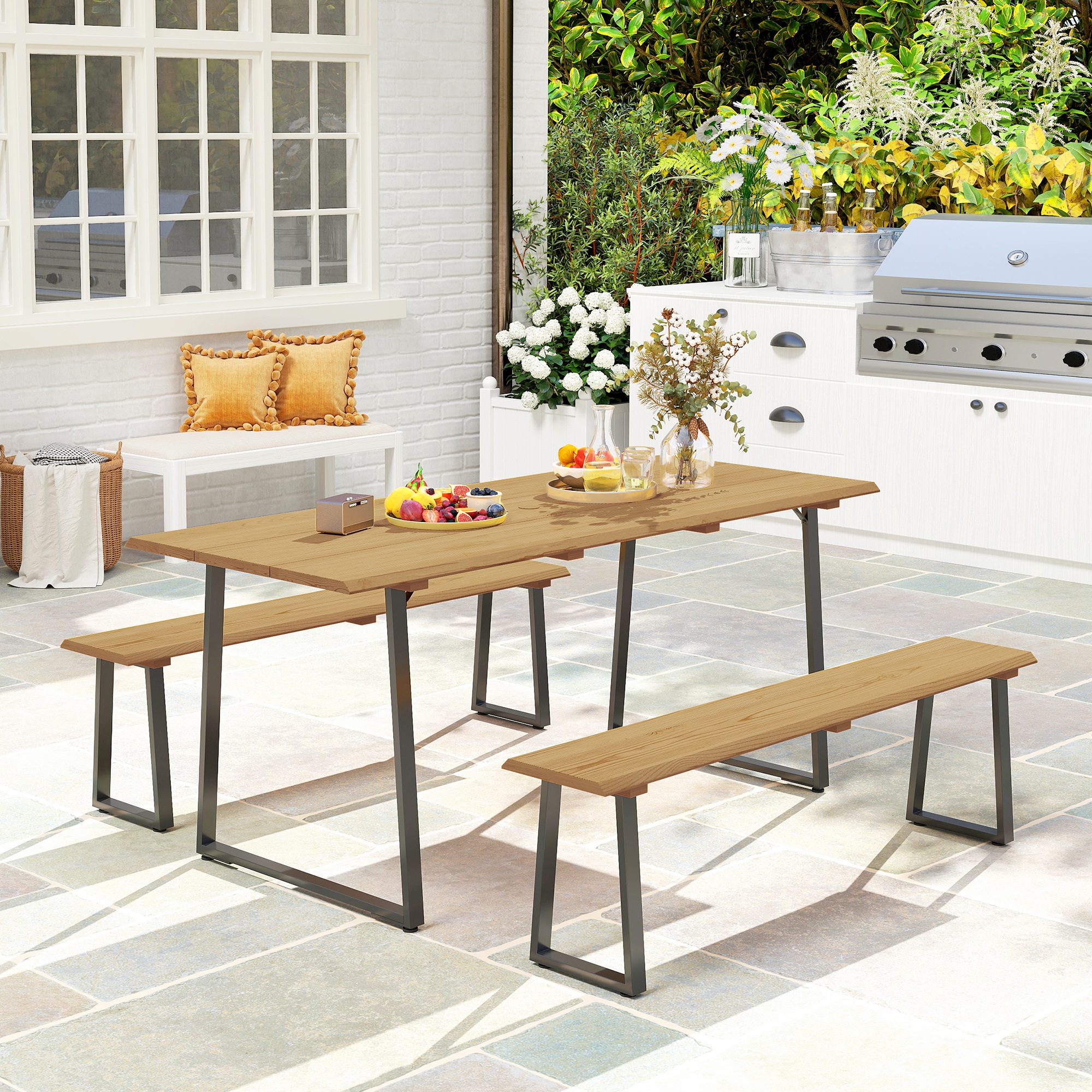 Outsunny Sitzgruppe 3-teilig Holz Essgruppe für 6 Personen Esstisch mit 2 B günstig online kaufen