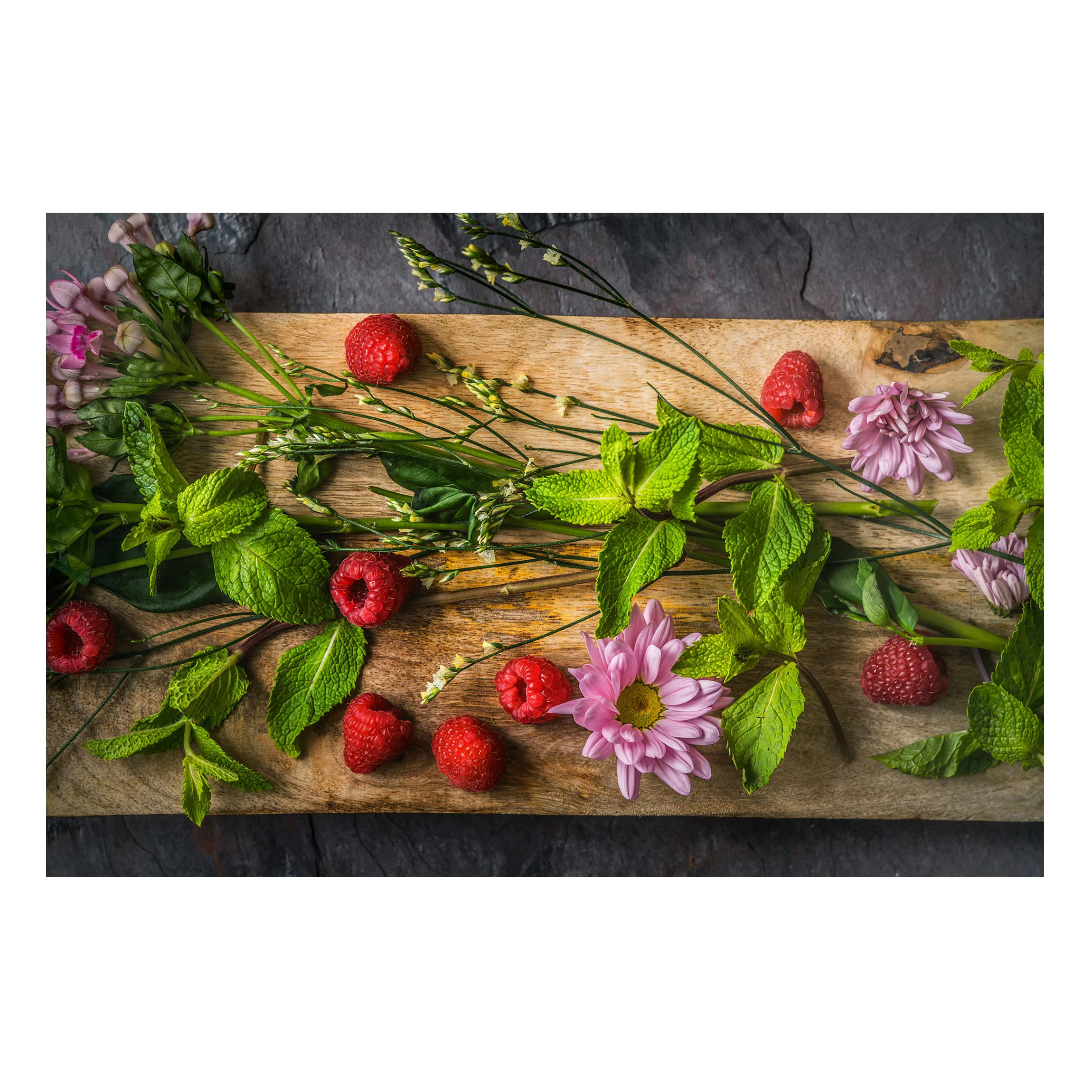 Magnettafel Küche - Querformat 3:2 Blumen Himbeeren Minze günstig online kaufen