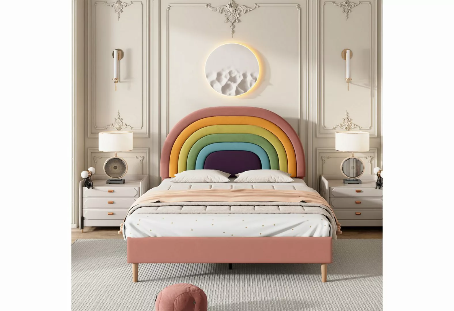 Odikalo Polsterbett Regenbogen Lattenrost verstellbar Kopfteil Samt Beige/R günstig online kaufen