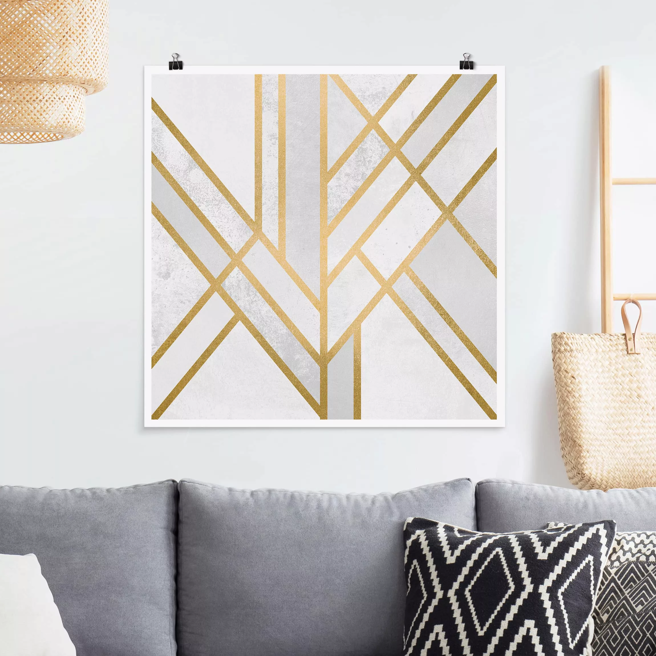 Poster Abstrakt - Quadrat Art Deco Geometrie Weiß Gold günstig online kaufen