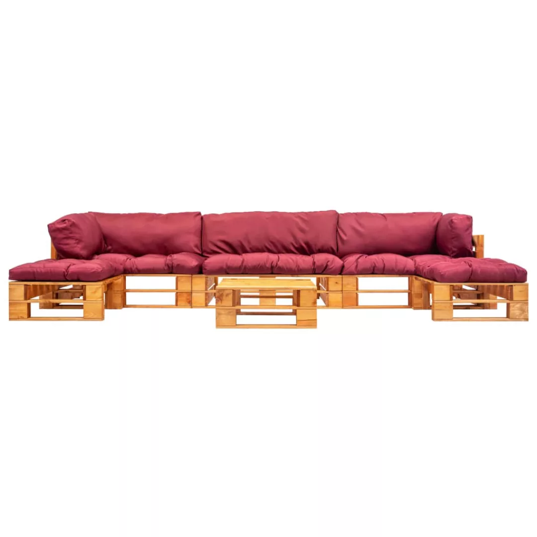 6-tlg. Garten-paletten-sofagarnitur Mit Roten Kissen Holz günstig online kaufen