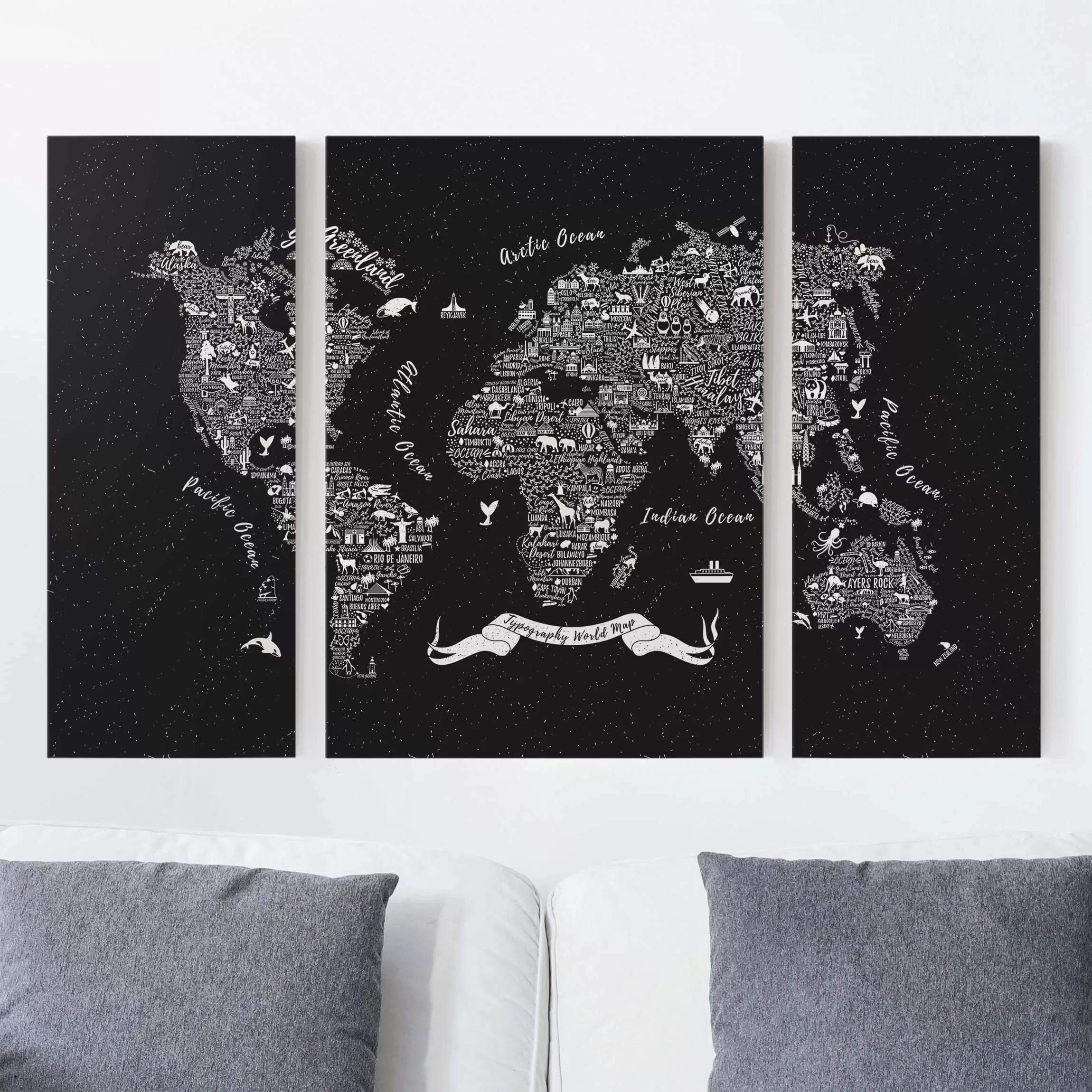 3-teiliges Leinwandbild Weltkarte - Querformat Typografie Weltkarte schwarz günstig online kaufen