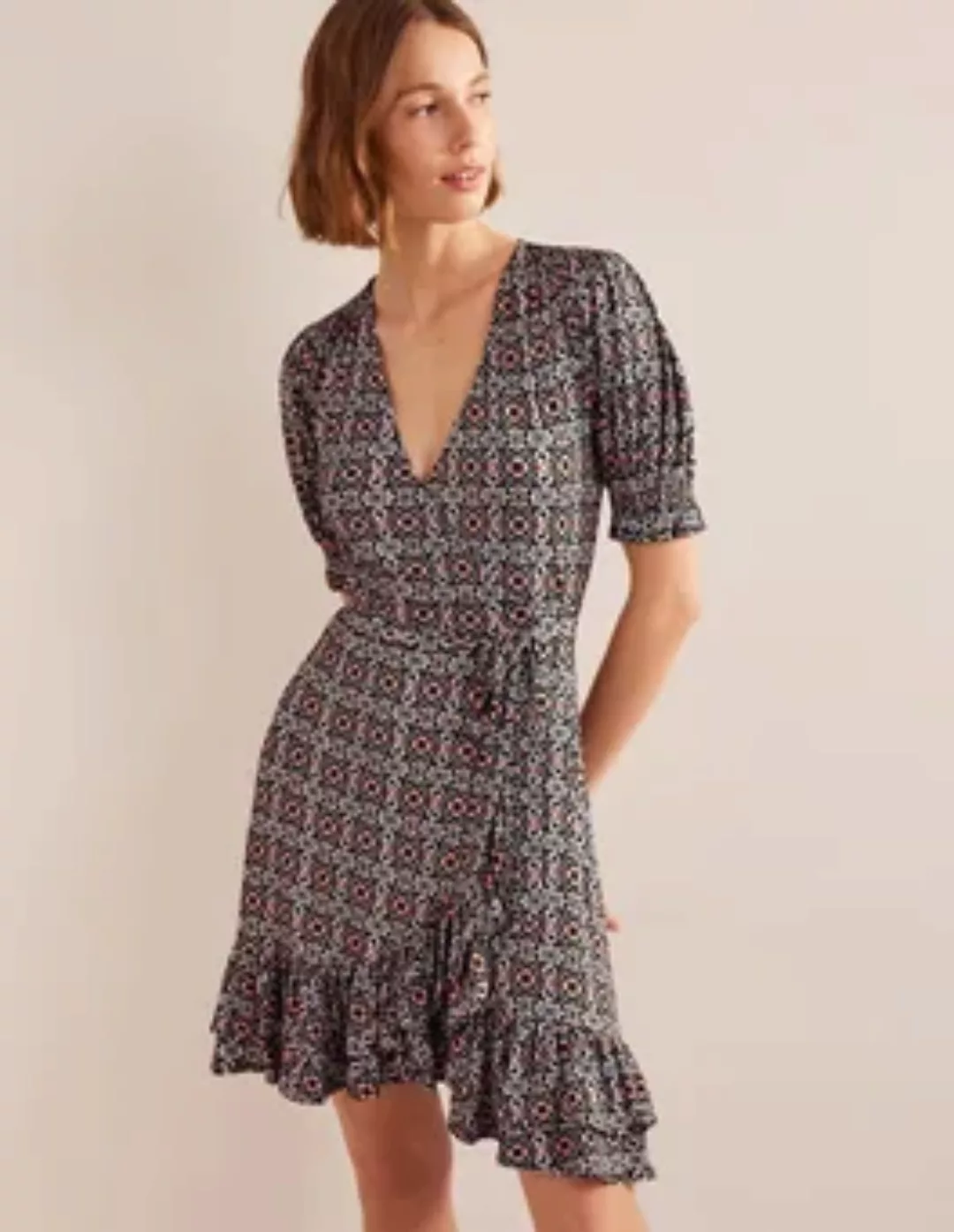 Jersey-Minikleid mit Wickeloptik und Rüschen Damen Boden, Schwarz, Üppige B günstig online kaufen