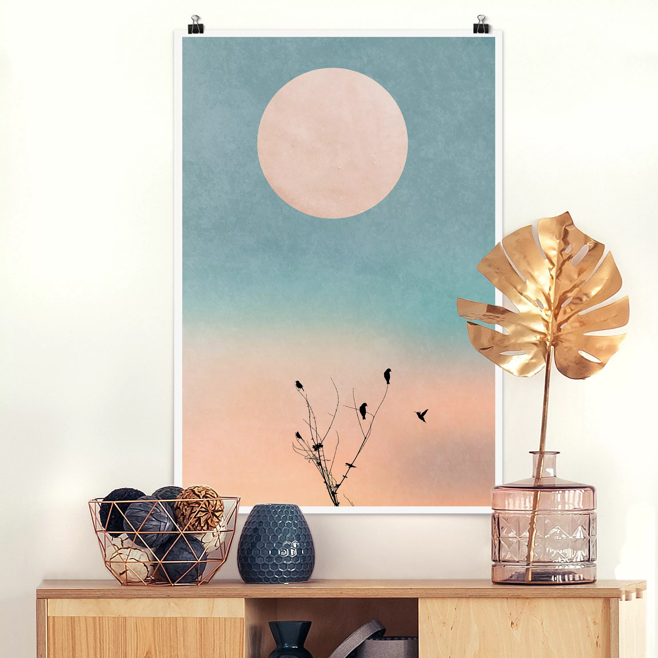 Poster Tiere Vögel vor rosa Sonne II günstig online kaufen