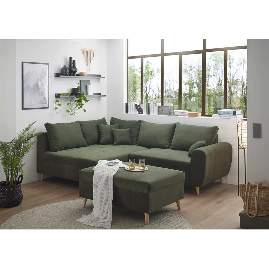 Ecksofa mit Hocker und 8 Kissen in grün, L-Form mit Recamiere links, Serie günstig online kaufen