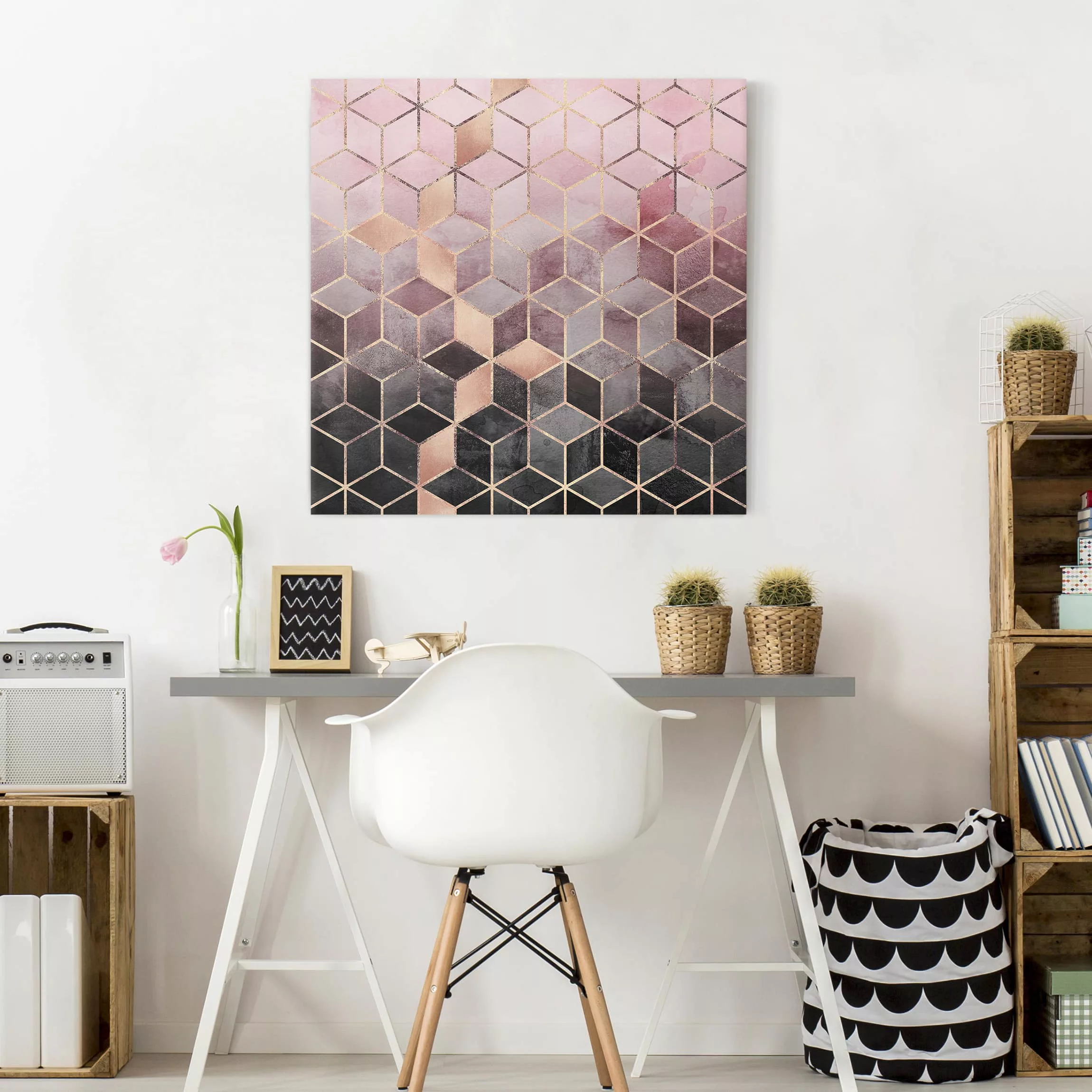 Leinwandbild Abstrakt - Quadrat Rosa Grau goldene Geometrie günstig online kaufen
