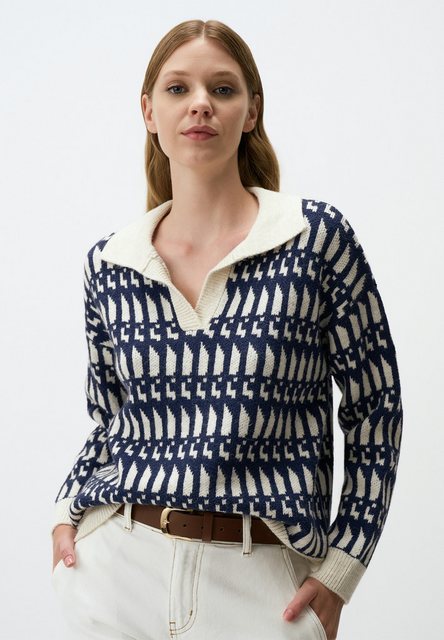 Jimmy Key Strickpullover Cremefarben und Marineblau Gemustert Strick Pullov günstig online kaufen