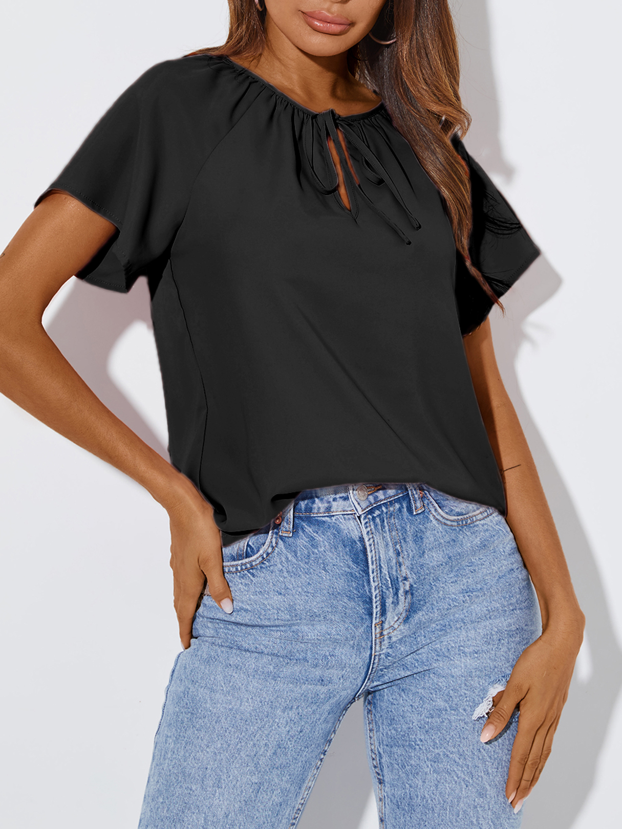 YOINS Plissee Binden Design V-Ausschnitt Kurzarm T-Shirt günstig online kaufen