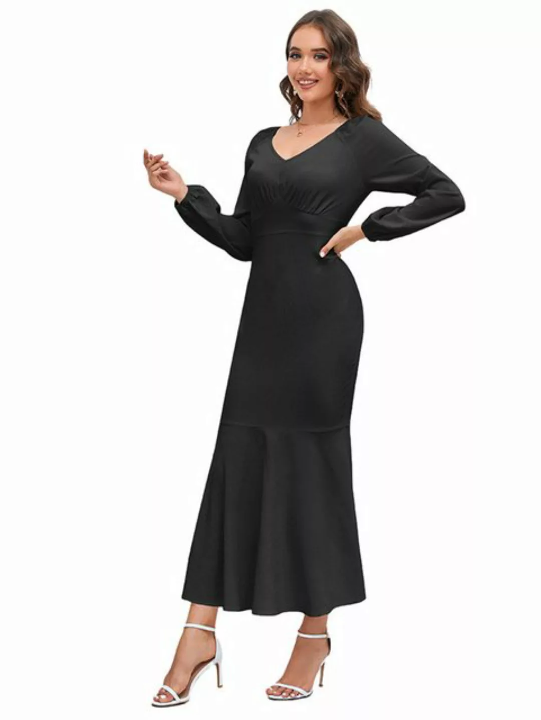 ZWY Abendkleid Damen V-Ausschnitt Slim Fit Langarm Meerjungfrau Kleid Taill günstig online kaufen