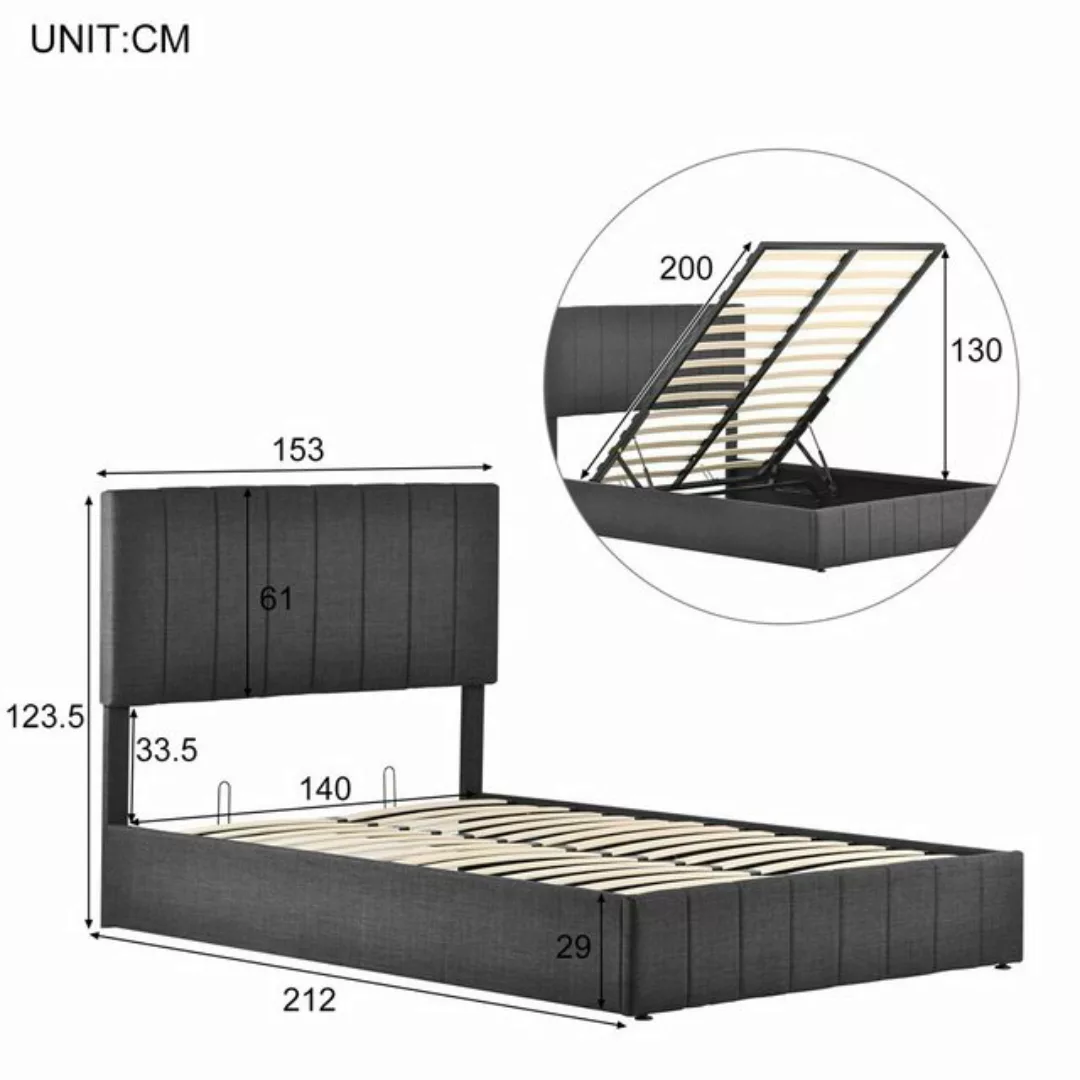 Fangqi Bett Gepolstertes Doppelbett 140x200cm, mit Bettkasten, grau (mit Ma günstig online kaufen