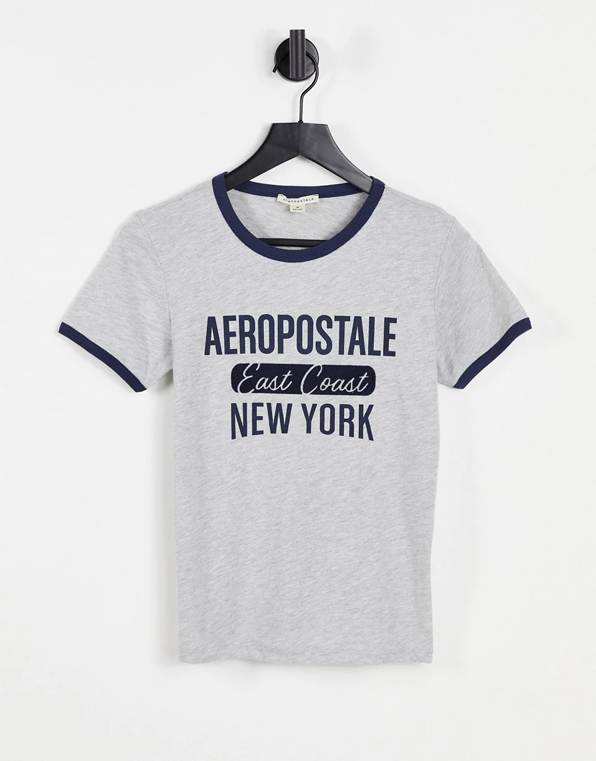Aeropostale – Ringer-T-Shirt in Grau mit Logo günstig online kaufen